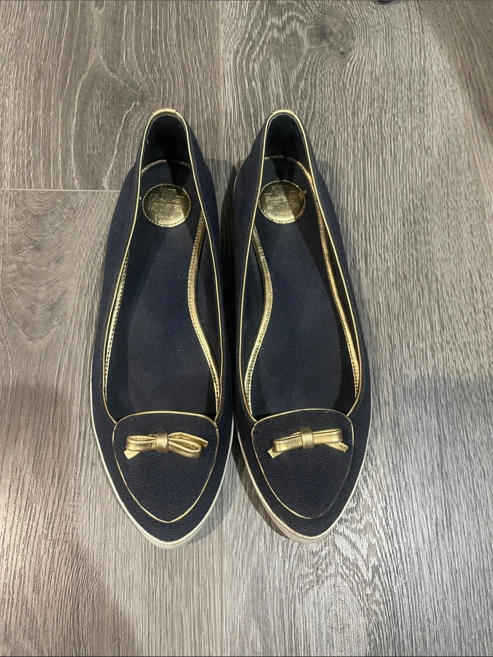 Tory Burch Navy Pointed Flats with Gold Trim and Bow